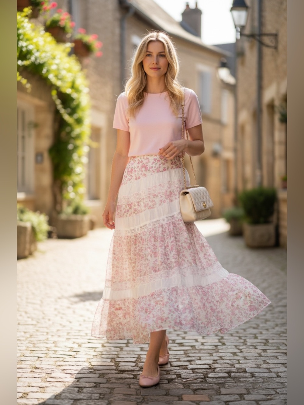 183 • Blush Pink Floral Tiered Lace Maxi Skirt